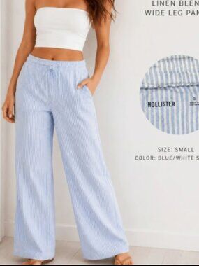 HOLLISTER WIDE LEG LINEN PINSTRIPE BLUE WHITE BEACH PANT DRAWSTRING NEW S